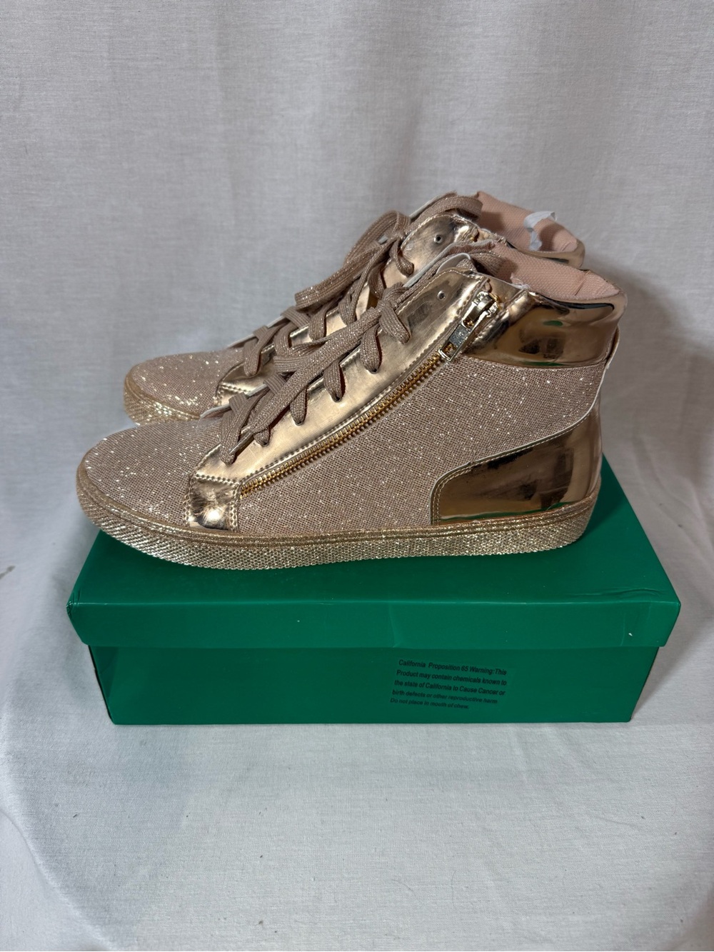Lauren Lorraine Metallic Rose Gold High-Top Sneakers with Side Zip Size 10